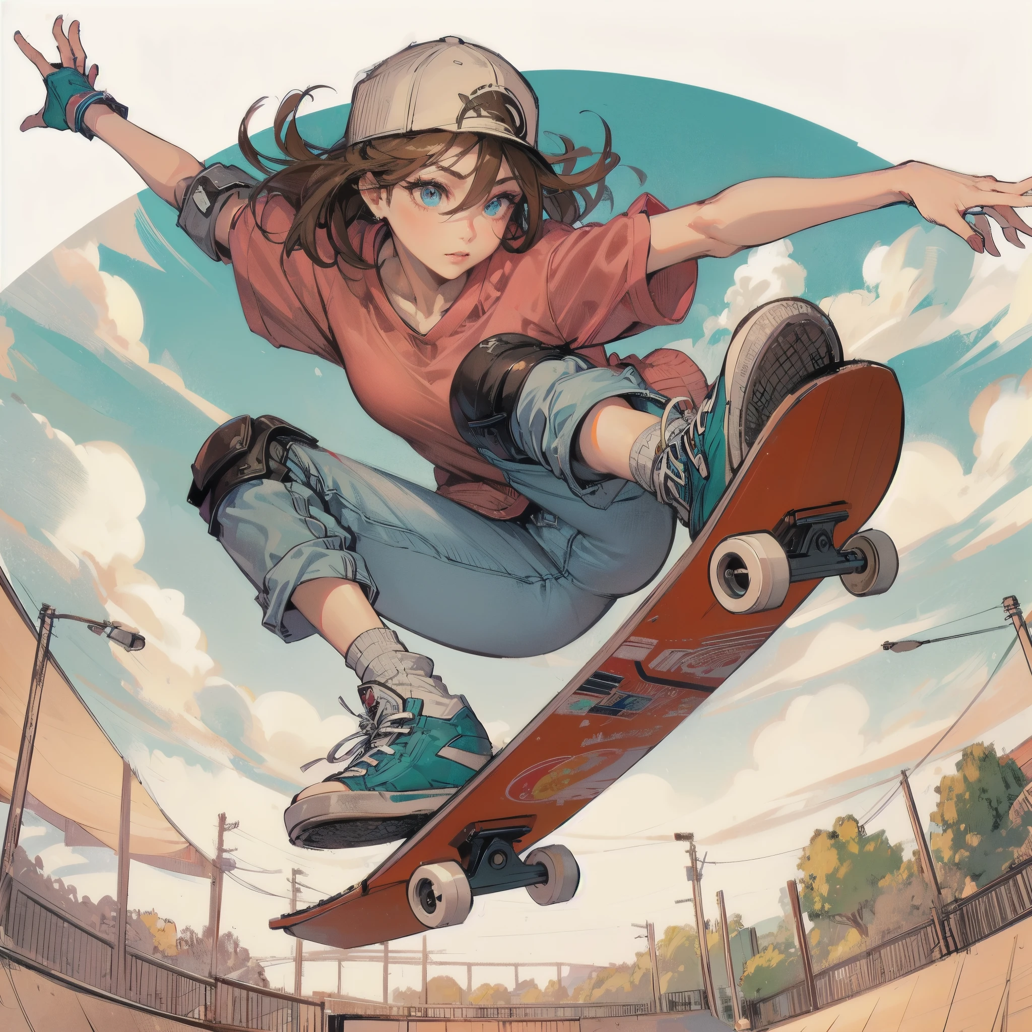 grainy,(extremely detailed:1.2), natural lighting,dynamic lighting, afternoon, crazy, girl skateboarding in park jumping over, extremely colorful clothing, hoodie, warm colors, smiling, sunglasses, capri pants,