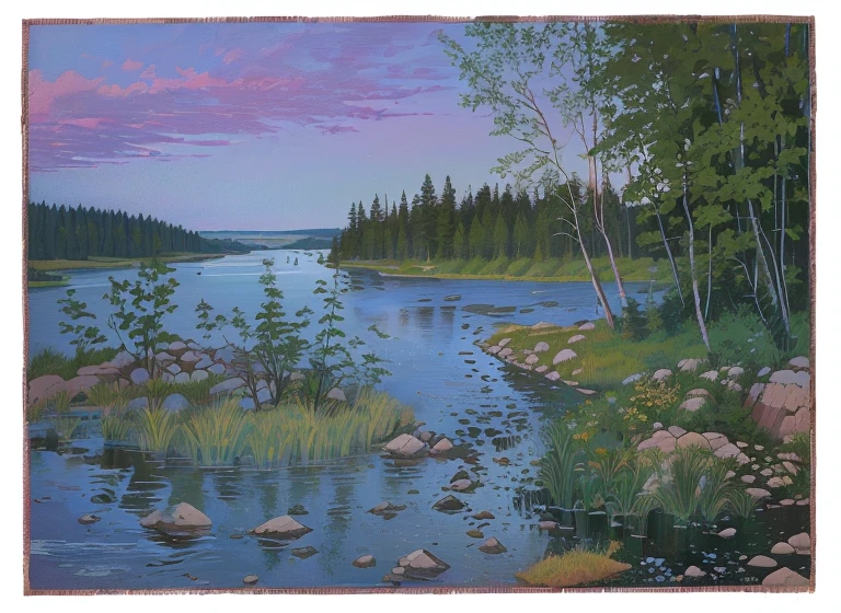painting of a river with rocks and grass in the foreground, inspired by Eero Järnefelt, lake scene, inspired by Veikko Törmänen, inspired by Jaakko Mattila, based on Vladimir Borovikovsky, Author: by Grytė Pintukaitė, calm evening, summer evening