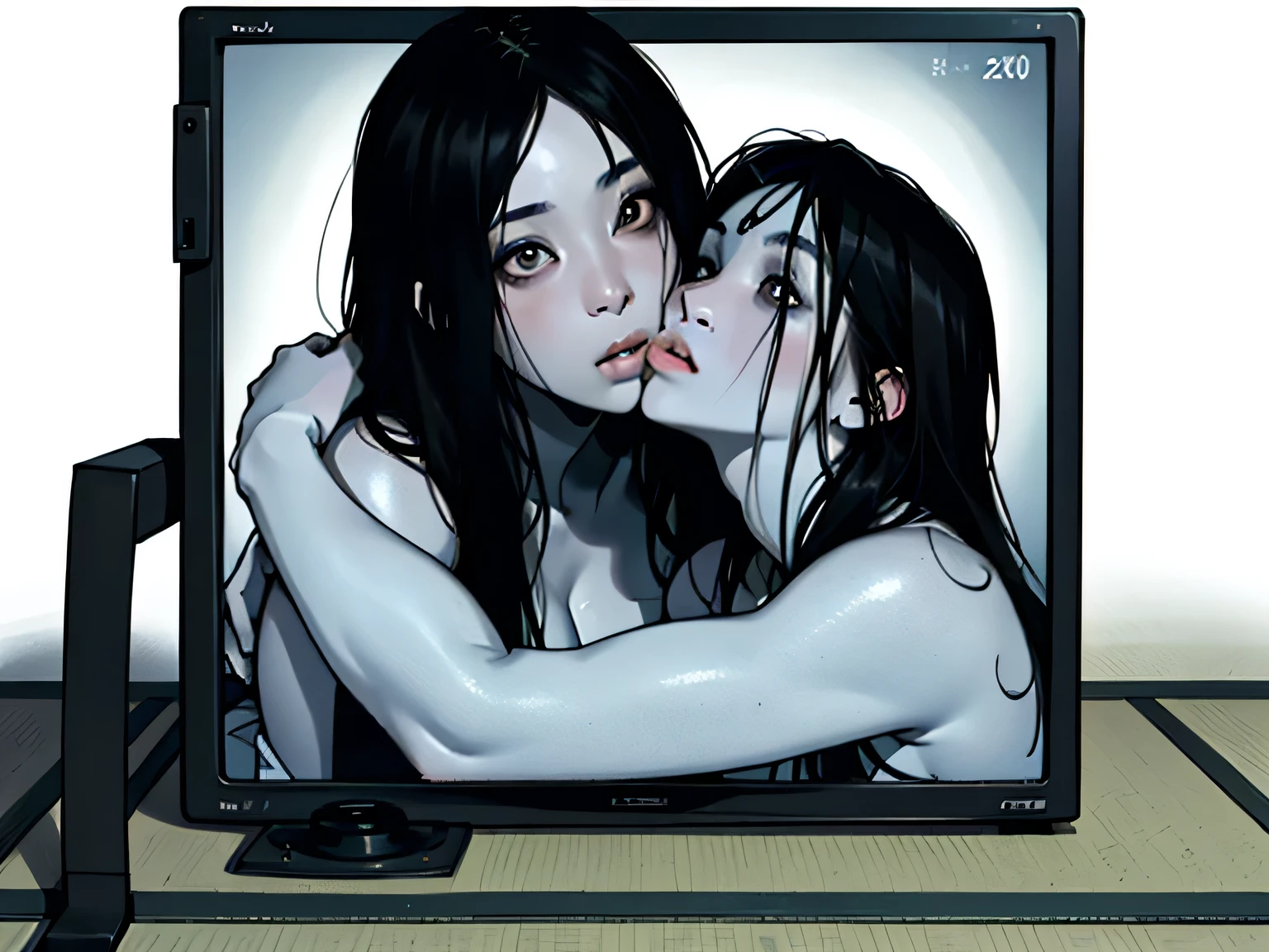 (masterpiece:1.3), (8k, Realistic, RAW Photos, highest quality: 1.4), (2 Japan Women), (1 Sadako), (1 Kayako), Beautiful Face, (Realistic Face), (Black Hair, Long Hair:1.5), Beautiful hairstyle, ((The face is hidden by bangs:1.1)), Realistic eyes, ((White of the eyes:1.2)), Beautiful fine details, (Realistic Skin), Beautiful Skin, ((White skin:1.4)), Absurd, Charm, Ultra-high resolution, Ultra-realistic, Very detailed, Golden Ratio, ((Two people crawling out of a CRT TV)), ((2 Kissing)), (The two are good friends), Four and a half tatami mat Japanese-style room, (steam:1.0)