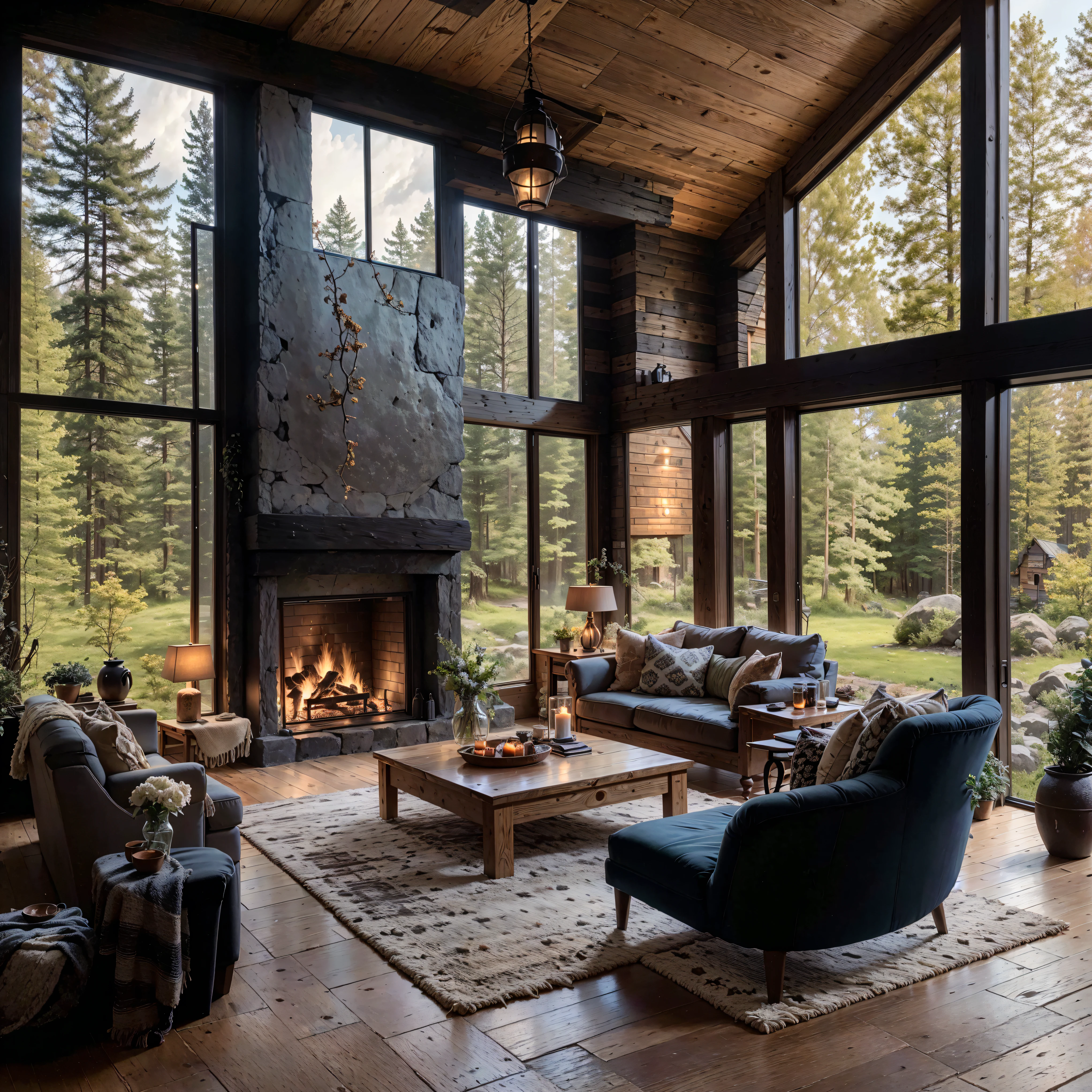 THIS EVENING WOODEN CABIN LIVING ROOM ANIME BACKGROUND, (COZY ATMOSPHERE), (SUBTLE LIGHTING), BRIGHT STONE FIREPLACE FIRE, LIONSKIN RUG THIS EVENING BEST QUALITY, TRANSPARENT GLASS WINDOWS