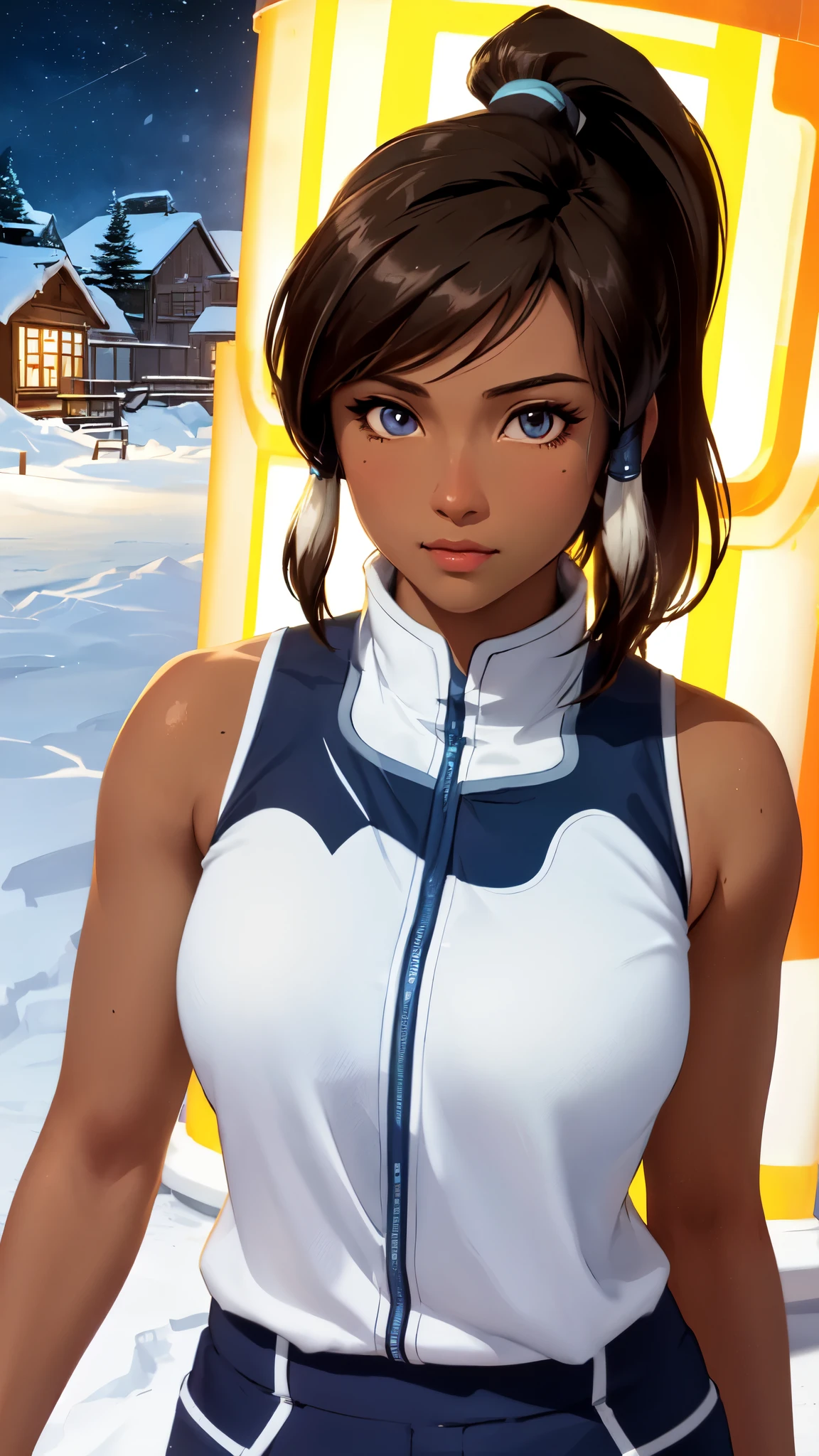 (korra:1.2), muscular woman, (ponytail, hair tubes:1.2), sleeveless, bare shoulders, brown hair, blue eyes, dark blue pants, winter background, snow, winter village, (tan skin, dark skin, dark-skinned female:1.5), (realistic:1.2),  (masterpiece:1.2), (full-body-shot:1.2),(Cowboy-shot:1.2), neon lighting, dark romantic lighting, (highly detailed:1.2),(detailed face:1.2), (gradients), colorful, detailed eyes, (detailed landscape:1.2), (natural lighting:1.2),(detailed background), detailed landscape, (cute pose:1.2), solo, close up, 