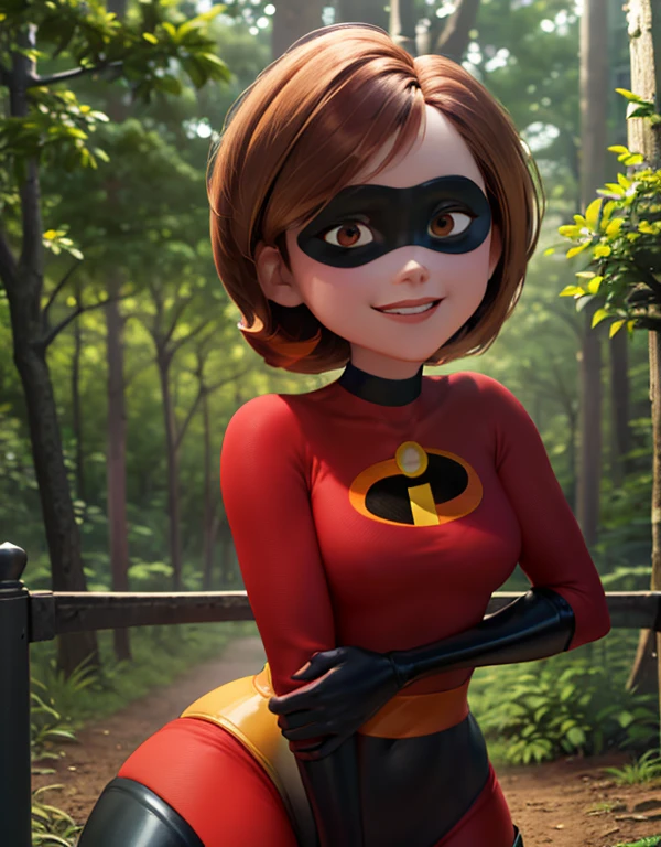 ((best quality)), ((highly detailed)), masterpiece, absurdres, (detailed eyes, deep eyes), (1girl), upper body}, helenparr, brown hair, brown eyes, smiling, domino mask, mask, bodysuit, black elbow gloves, thighhighs, thigh boots, (outdoors, in a pine_tree forest, morning)