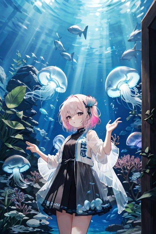 jellyfish、光るjellyfish、Aquarium、Tropical fish、colorfulな魚、girl、In the water、Spreading hair、Aquarium、Light pink transparent hair color、Gradient Hair、colorful、Beautiful colors、Neon color、Rainbow-colored