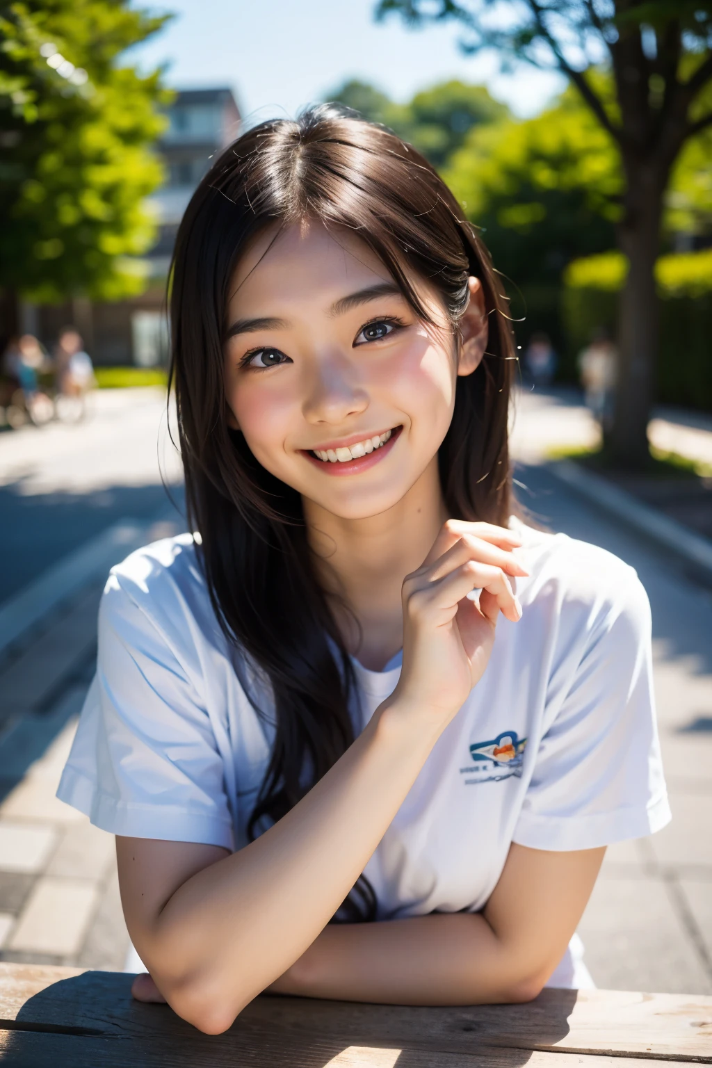 lens: 135mm f1.8, (highest quality),(RAW Photos), (Tabletop:1.1), (Beautiful 20 year old Japan girl), Cute face, (Deeply chiseled face:0.7), (freckles:0.4), dappled sunlight, Dramatic lighting, (On campus), shy, (Close-up shot:1.2), (smile),, (Sparkling eyes)、(sunlight), Black Shirt