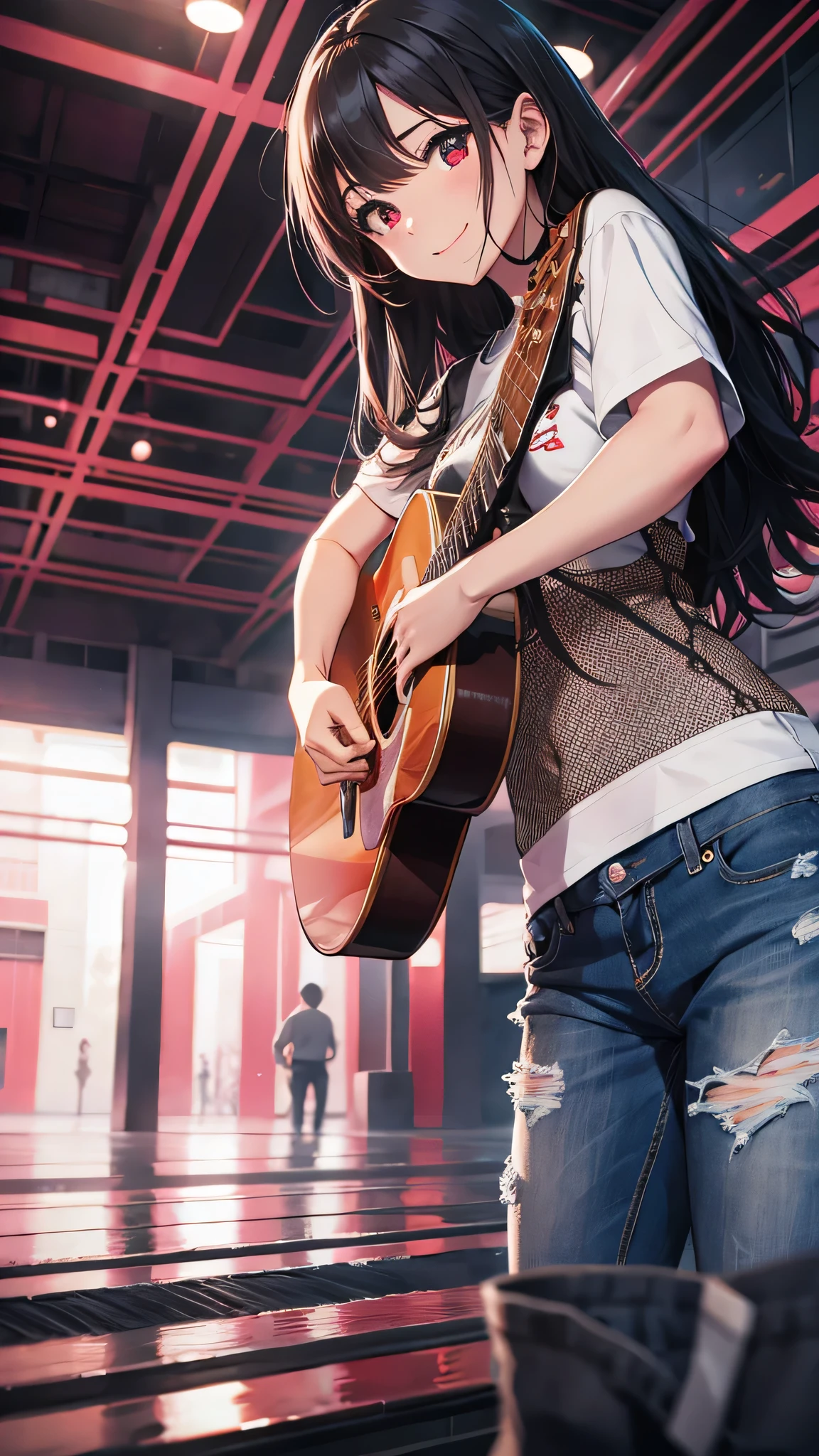 最high quality、Best image quality、masterpiece、girl((18-year-old、 By becoming、Best Bust、Medium Bust,Wide open breast tea、Red glowing eyes,Black Hair、Red Mesh、Disheveled Hair、Lointail、thin,The highest valley、Open chest、Luminous Wristbands、hair ornaments、Show the whole body,Black short sleeve T-shirt、Short denim trousers、Leaning forward、smile、Holding a guitar、Performance、sing)),high quality、Beautiful art、background((Large shopping malls,Street Museum))、Flight、Flying debris、Written boundary depth、movie、Visual Arts、Perfect art、8K,Genuine,