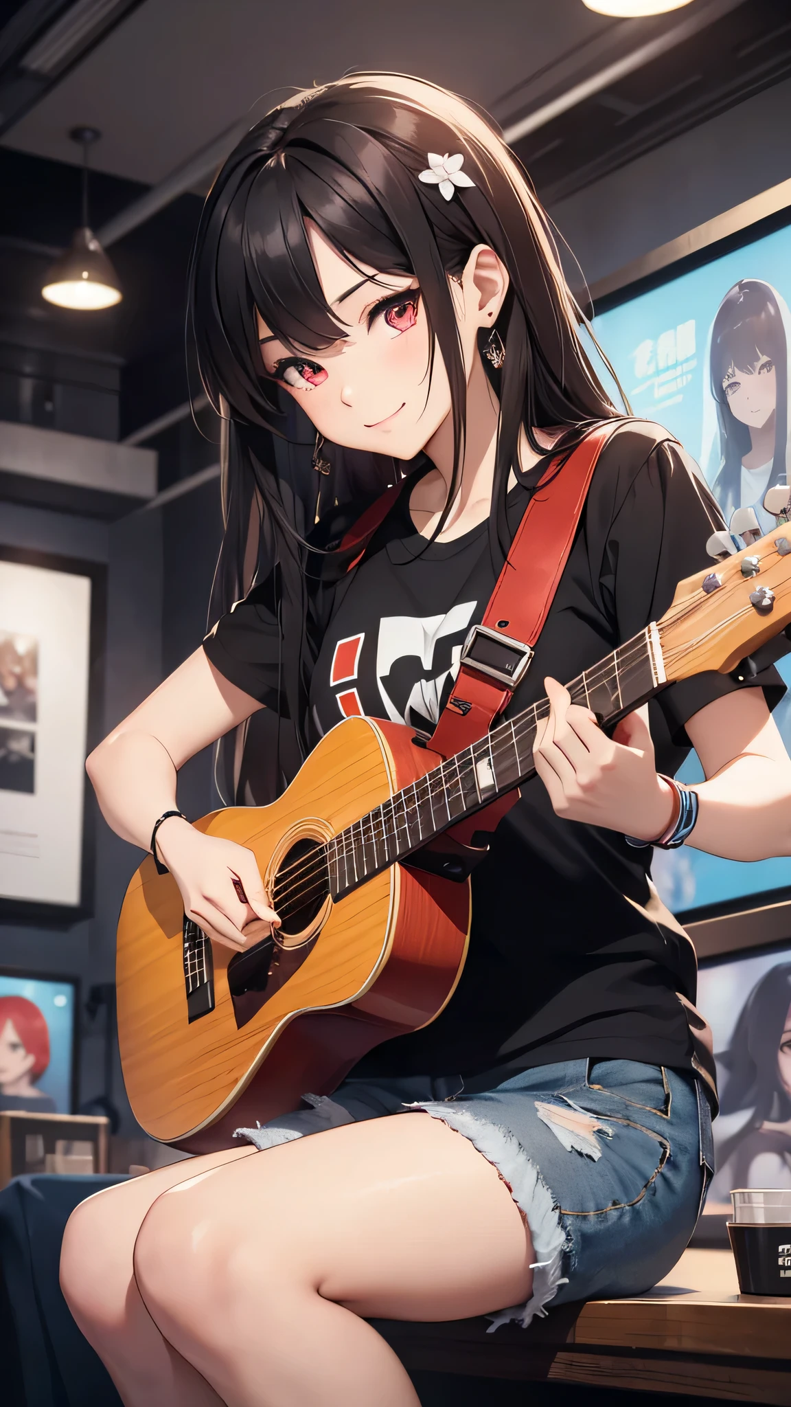 最high quality、Best image quality、masterpiece、girl((18-year-old、 By becoming、Best Bust、Medium Bust,Wide open breast tea、Red glowing eyes,Black Hair、Red Mesh、Disheveled Hair、Lointail、thin,The highest valley、Open chest、Luminous Wristbands、hair ornaments、Show the whole body,Black short sleeve T-shirt、Short denim trousers、Leaning forward、smile、Holding a guitar、Performance、sing)),high quality、Beautiful art、background((Large shopping malls,Street Museum))、Flight、Flying debris、Written boundary depth、movie、Visual Arts、Perfect art、8K,Genuine,