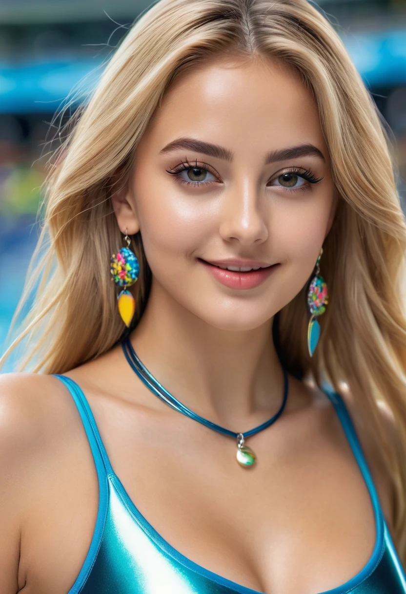 hyperrealistic beautiful busty 18-year-old women in shiny colored spandex onepiece swimwear, model shooting full body photography, view from behind, natural blonde very long straight hair, dark eye makeup with eyeliner, seductive smile, small necklace and earrings, 8K, best quality, Meisterwerk, ultra high resolution, (Realismus: 1.4), Originalfoto, (realistische Hautstruktur: 1.3), (Filmkorn: 1.3), (Selfie-Winkel), 1 girl, Beautiful round hazel eyes and facial details, Meisterwerk, best quality, selfie-pic-posing on a springboard on the pool