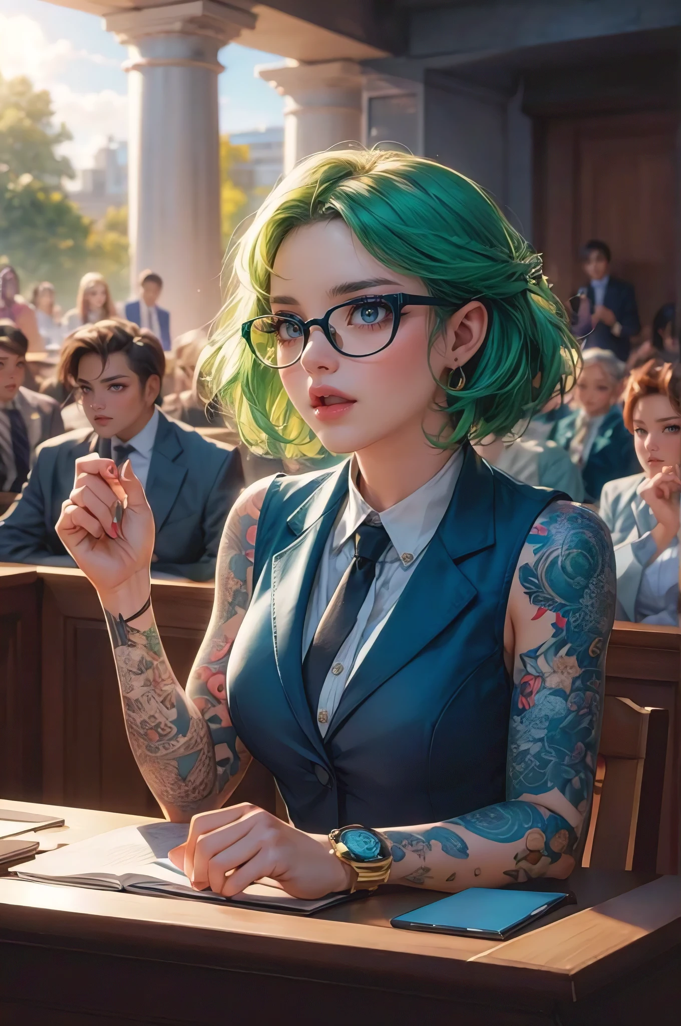 A striking and ultra-detailed phone photo of an alluring young woman with vibrant green hair and glasses, passionately testifying in court against an evil antagonist. Her full sleeve tattoos are a captivating sight, contrasting with her professional attire. The sunny summer day casts a warm glow on the scene, highlighting the bustling courtroom filled with attentive onlookers. The background captures the essence of artificialecchi style, with an air of playful sophistication and a touch of drama.