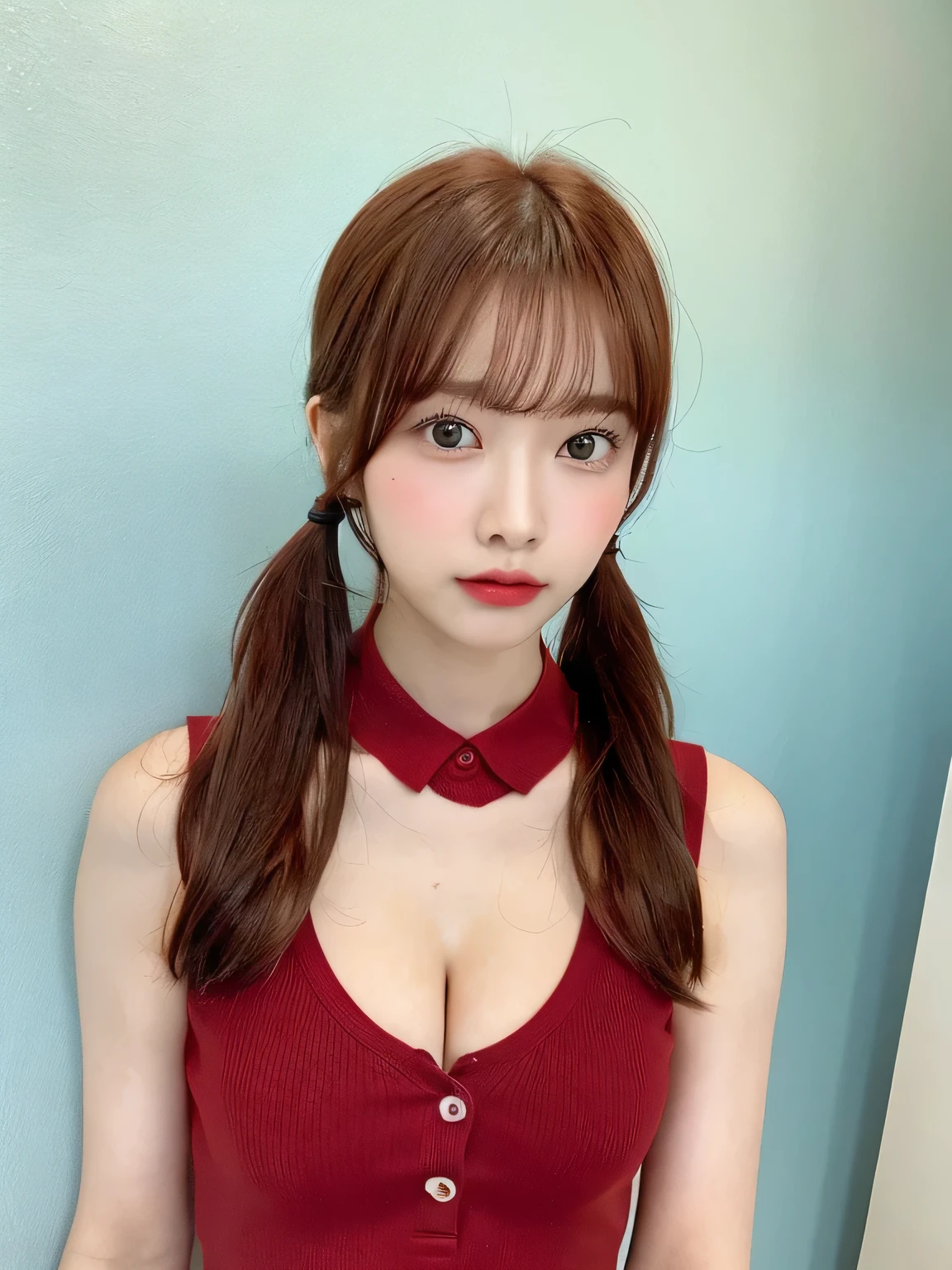 one person、Red Hair、whole body photos、Red polo shirt、Cleavage、Navy blue mini skirt、fun、、whole body、slender、woman、White drool coming out of the mouth、 Fair skin,Twin tails、Super cute、Soft and Face、Brown Hair、8k resolution、Surreal、Ultra high definition、 Soft Body、A-cup small breasts((Highest resolution、8k、masterpiece:1.3))、Ultra-fine face、Ultra Fine Lips、Beautiful Eyes、double eyelid,Slender figure、I can see your thighs、Shapely small breasts、Light blue wall