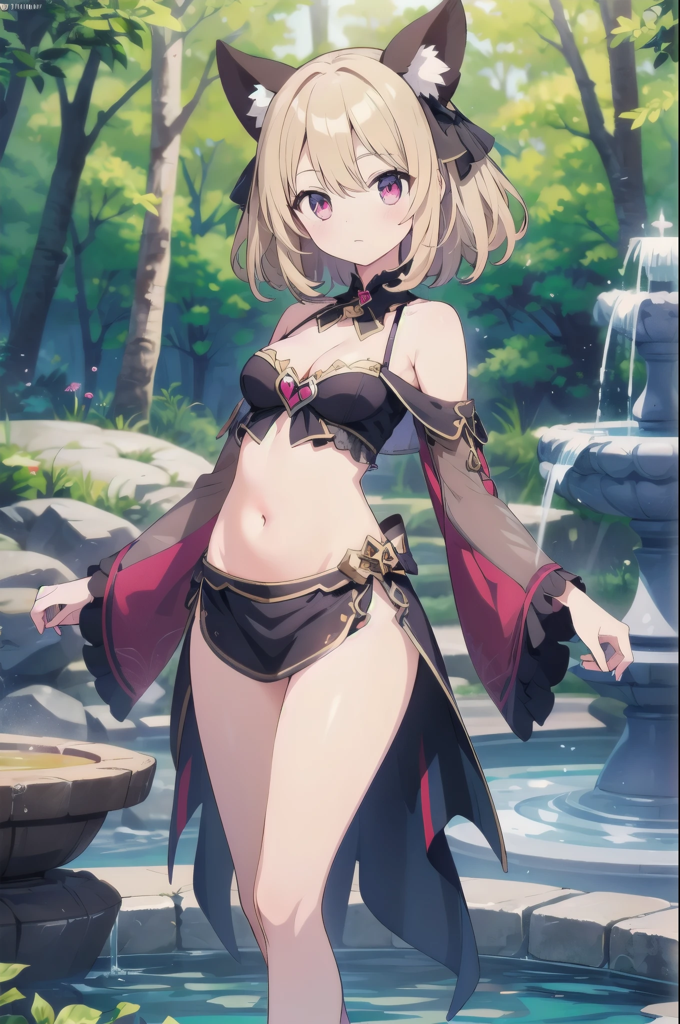 (masterpiece)、(highest quality)、(Super Detail)、(Best Anatomy)、Official Art, One Girl, Light-colored hair, , Fairy , See-through robe, Small breasts, Cleavage, Off the shoulder, Underbust, ~ side, Focus on the thighs, Belly button, Deep Forest Fountain
