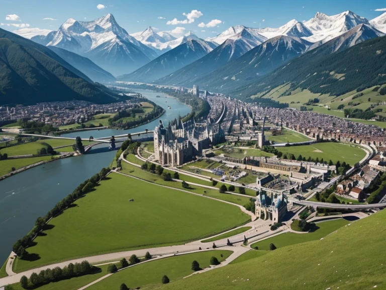 a medieval city with a green grass field, with the citizen's houses and the city's center, alongside with the royal castle nearby a wide river from far and a view of a snowy mountain