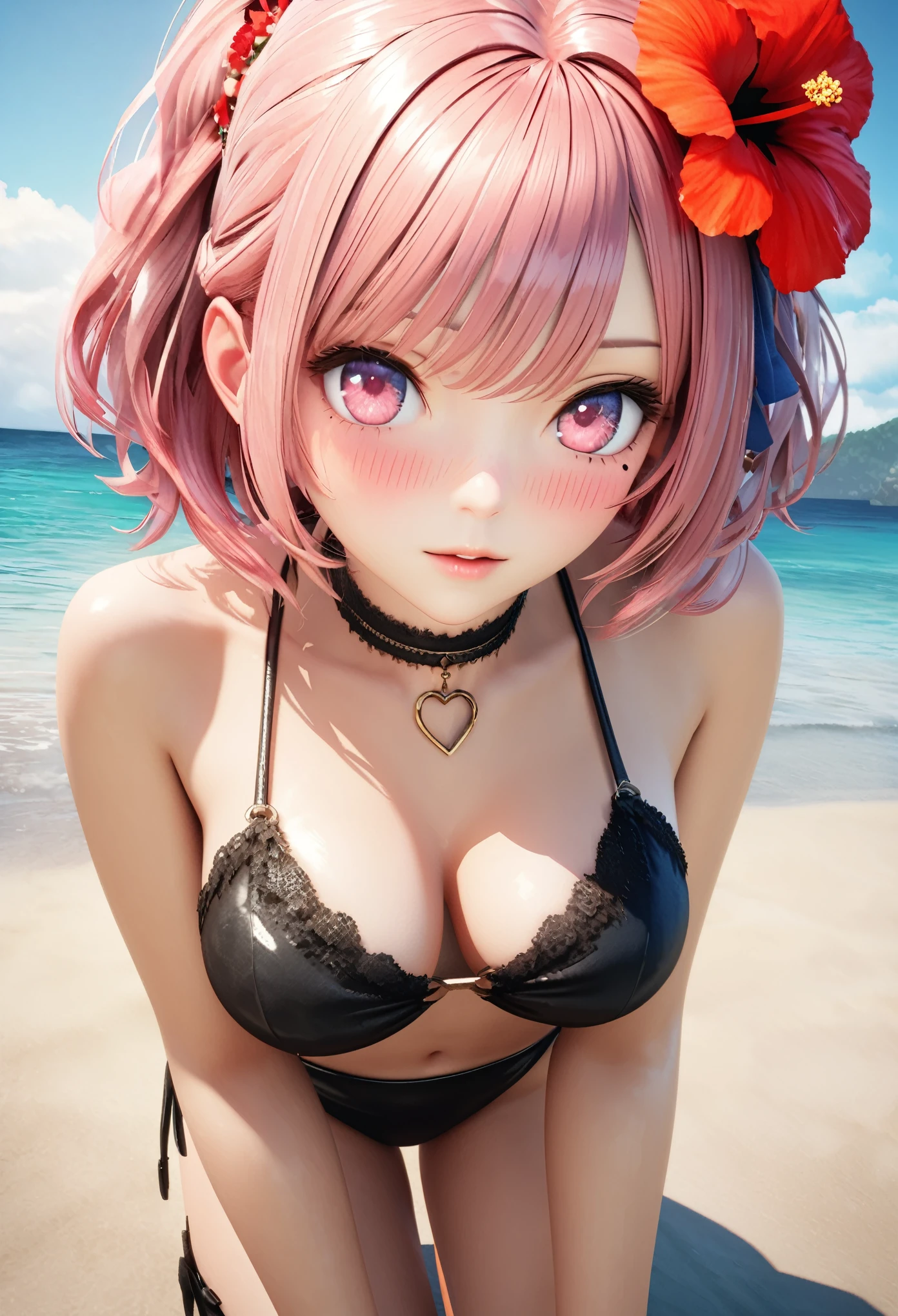 masterpiece,highest quality, Very detailed, High resolution, expensive resolution, High resolution, 4K, 8k, unity 8k wallpaper, Very detailed CG, masterpiece,  2D, 3D, Beautiful details, depth, Fine texture , highest quality: 1.3, Fully focused, Crispy.skin, .he,
Very cute anime girl 、bikini、Large Breasts、ピンクのセミロングヘア wearing expensive , One Girl、Palm tree、Seaside,  Mole under the eye, looking at the viewer , expensive , blush, Mole, Lips parted, Hibiscus Hair Accessories, heart, Pink Eyes, choker
