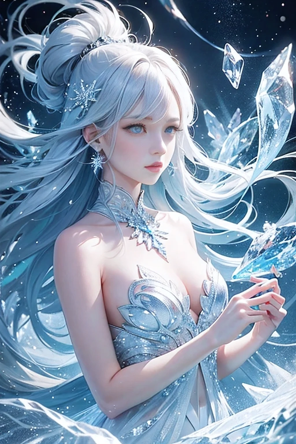wood, Detailed mini ice spikes and crystals, Frozen waterfall as background, Light reflected on ice crystals, Flowing snowflakes.Beautiful woman、