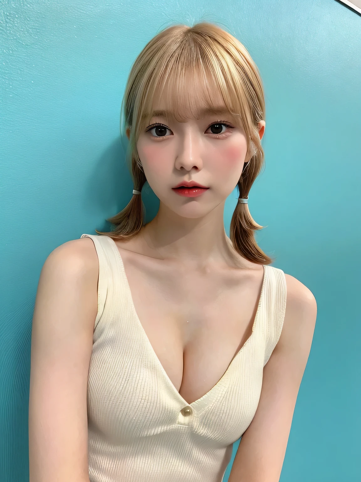 one person、Blonde、whole body photos、Red polo shirt、Cleavage、Green mini skirt、fun、Blonde、、whole body、slender、woman、White drool coming out of the mouth、Short hair, fair skin,Twin tails、Super cute、Soft and Face、Brown Hair、8k resolution、Surreal、Ultra high definition、 Soft Body、A-cup small breasts（（Highest resolution、8k、masterpiece：1.3））、Ultra-fine face、Ultra Fine Lips、Beautiful Eyes、double eyelid,Slender figure、I can see your thighs、Shapely small breasts、Light blue wall