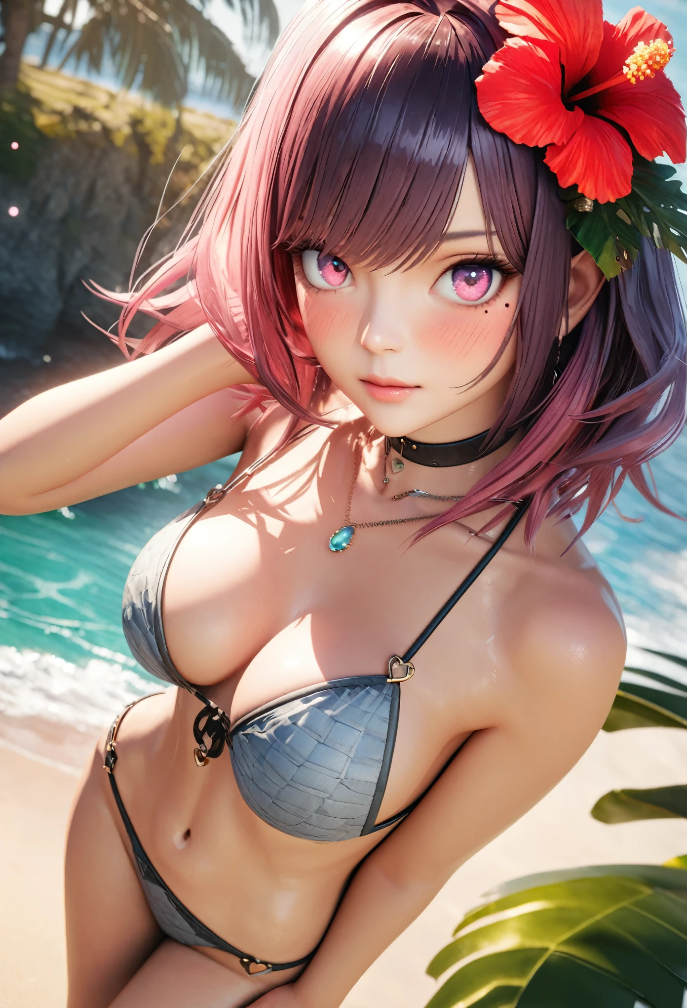 masterpiece,highest quality, Very detailed, High resolution, expensive resolution, High resolution, 4K, 8k, unity 8k wallpaper, Very detailed CG, masterpiece, 2D, 3D, Beautiful details, depth, Fine texture , highest quality: 1.3, Fully focused, Crispy.skin, .he,
Very cute anime girl 、bikini、Large Breasts、ピンクのセミロングヘア wearing expensive , One Girl、Palm tree、Seaside, Mole under the eye, looking at the viewer , expensive , blush, Mole, Lips parted, Hibiscus Hair Accessories, heart, Pink Eyes, choker