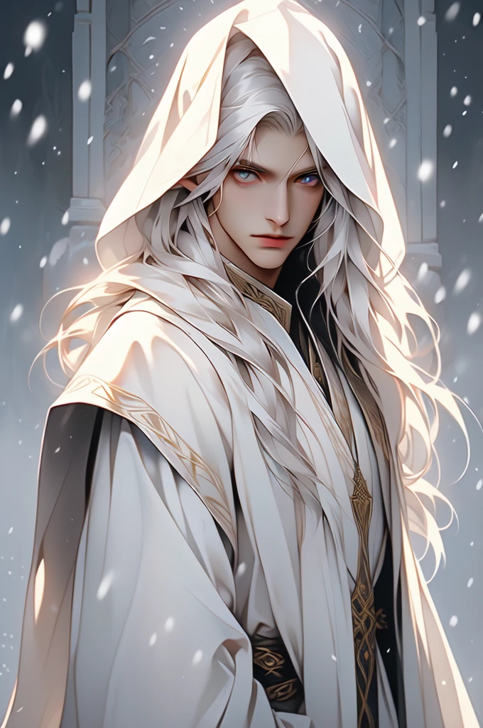 elven sorcerer, male white robe, long white hair, white eyes, hood, snow