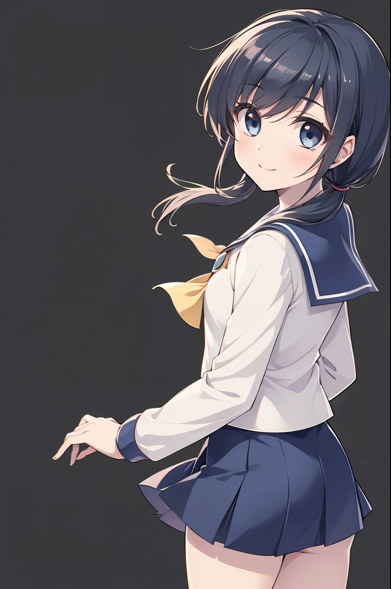 (AyumiCP), rating:safe, transparent_background, 1girl, solo, smile, skirt, black_hair, looking_at_viewer, school_uniform, blue_skirt, long_sleeves, twintails, pleated_skirt, long_hair, low_twintails, serafuku, cowboy_shot, white_shirt, black_eyes, shirt, standing, eyebrows_visible_through_hair, blush, blue_eyes, bangs, from_side