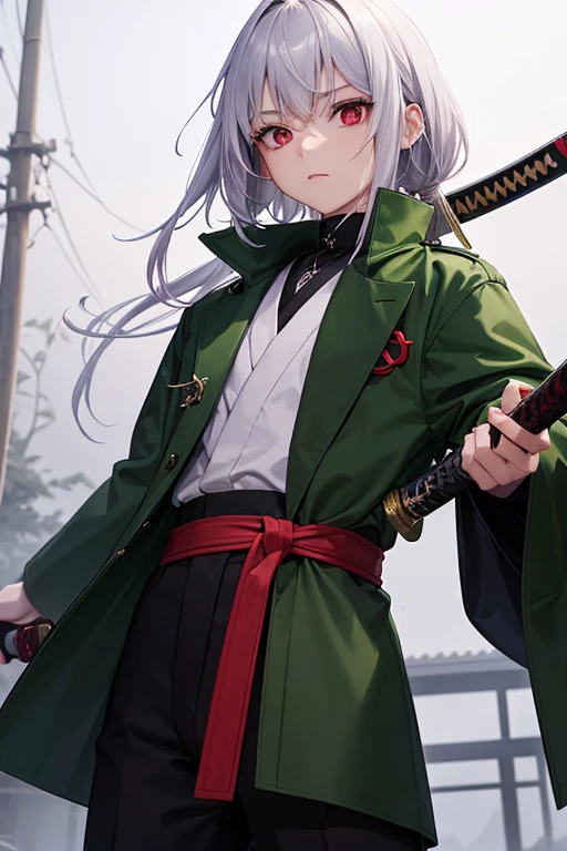 He was wearing a dark green coat and trousers.、A 14-year-old girl with red eyes and white hair, holding a Japanese sword、There is blood in my hair、They even kill people.。