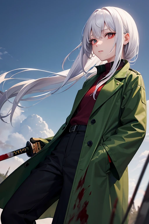 He was wearing a dark green coat and trousers.、A -yeld giwith red eyes and white hair, holding a Japanese sword、There is blood in my hair、They even kill people.。