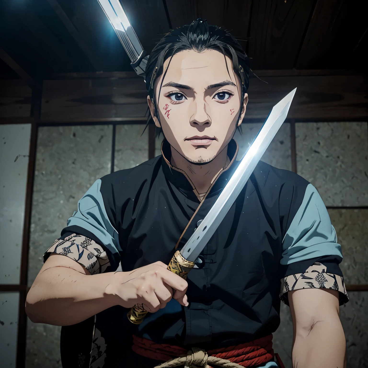 Baseado no anime kimetsu no yaiba, crie um Hashira com uma espada katana, com fogo azul brilhante, homem,