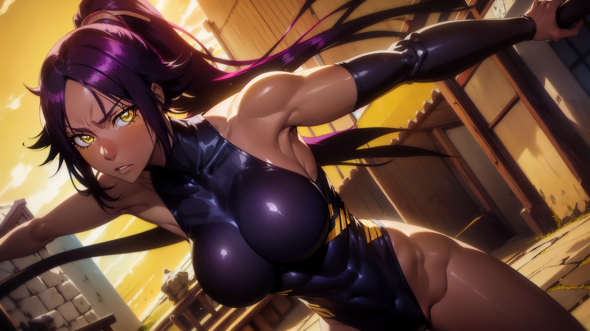 yoruichishihouin, Yoruichi Shihouin, long hair, (yellow eyes:1.5), ponytail, purple hair, black skin, Dark skinned woman,squat、spread your leg-shaped spread legs、NSFW、open the thighs、
break bodysuit, black bodysuit, bare arms, bare shoulders, side boob,One breast exposed、
break outdoors,
break looking at viewer, (cowboy shot:1.5),
break (masterpiece:1.2), highest quality, High resolution, unity 8k wallpaper, (figure:0.8), (detailed and beautiful eyes:1.6), highly detailed face, perfect lighting, Very detailed CG, (perfect hands, perfect anatomy),torn clothes、Clothes torn