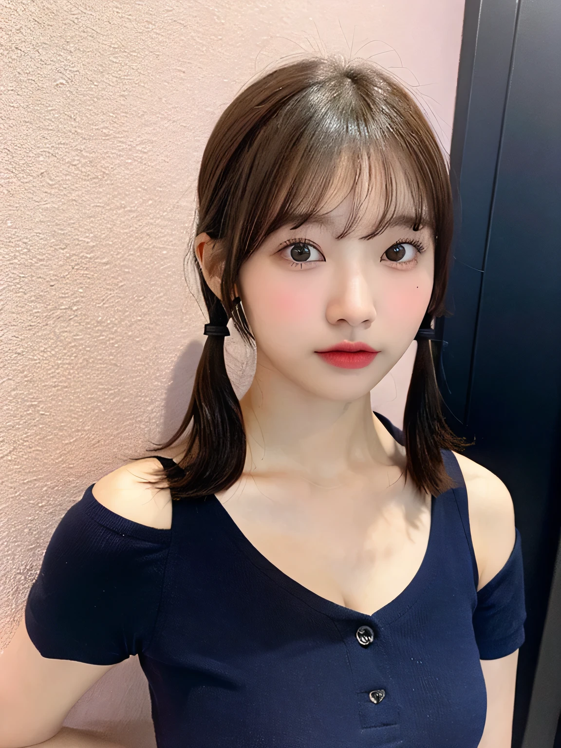 one person、whole body photos、Navy blue polo shirt、Cleavage、Navy blue mini skirt、fun、s old、whole body、slender、woman、White drool coming out of the mouth、Short hair, fair skin,Twin tails、Super cute、Soft and Face、Brown Hair、8k resolution、Surreal、Ultra high definition、 Soft Body、A-cup small breasts((Highest resolution、8k、masterpiece:1.3))、Ultra-fine face、Ultra Fine Lips、Beautiful Eyes、double eyelid,Slender figure、I can see your thighs、Shapely small breasts、Pink wall