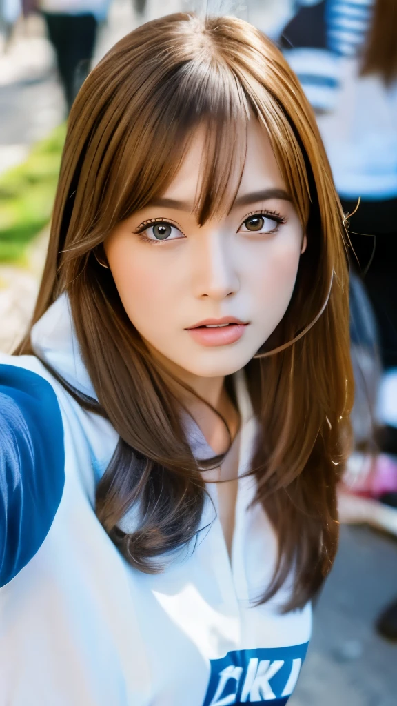 Best quality, 8k,  ,Masterpiece :1.3)), facing viewer,((full body1.2)) ,pretty woman, wide shot ,1girl, , selfie   , ,  Street Corner Mural, brown hair  , bangs,ultra-detailed face, highly detailed lips, detailed eyes, double eyelid