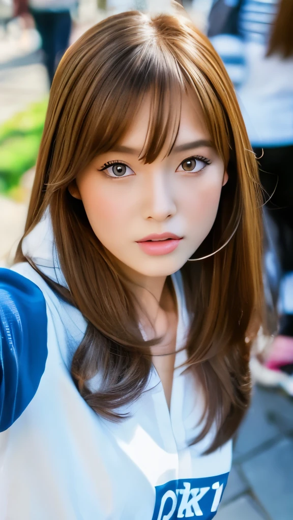 Best quality, 8k,  ,Masterpiece :1.3)), facing viewer,((full body1.2)) ,pretty woman, wide shot ,1girl, , selfie   , ,  Street Corner Mural, brown hair  , bangs,ultra-detailed face, highly detailed lips, detailed eyes, double eyelid