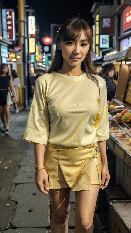 ((Top Quality)), ((8K)), ((Masterpiece: 1.3)), (Perfect Appearance), (Photorealism: 1.6), (Japanese Woman Walking in the Alley at the End of the Market), (Shinjuku Golden at Night City: 1.4), (Bar area: 1.2), (Precise background), Japanese mature woman, (60 years old), ((upright, front, center of screen)), ((realistic skin texture)), (fine wrinkles throughout the skin), (dullness of the skin), (moisture ( Wrinkles on the face), (wrinkles at the corners of the eyes), double eyelids, tear bags on the lower eyelids, eyes turned towards you, a smile with the corners of the mouth raised wide, short bangs, straight medium hair, hair blowing in the wind, (fashionable clothes: 1.4), (skirt), (full body portrait: 1.4),