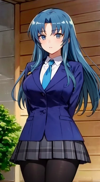 Masterpiece, Lots of details, 4k, (Extremely detailed), high resolution, movie light, Atmosphere light, official artwork, cowboy shoot, outdoor, school, Sayuri, 1 woman, alone, women's focus, long hair, blue hair, side lock, floating hair, purple eyes, looking at the audience, Blush, smile, , tied, jacket, fashion suit jacket, skirt, tights, Place your hands behind your back., Hidden Hands, standing, big breasts, miniskirt, plaid skirt,