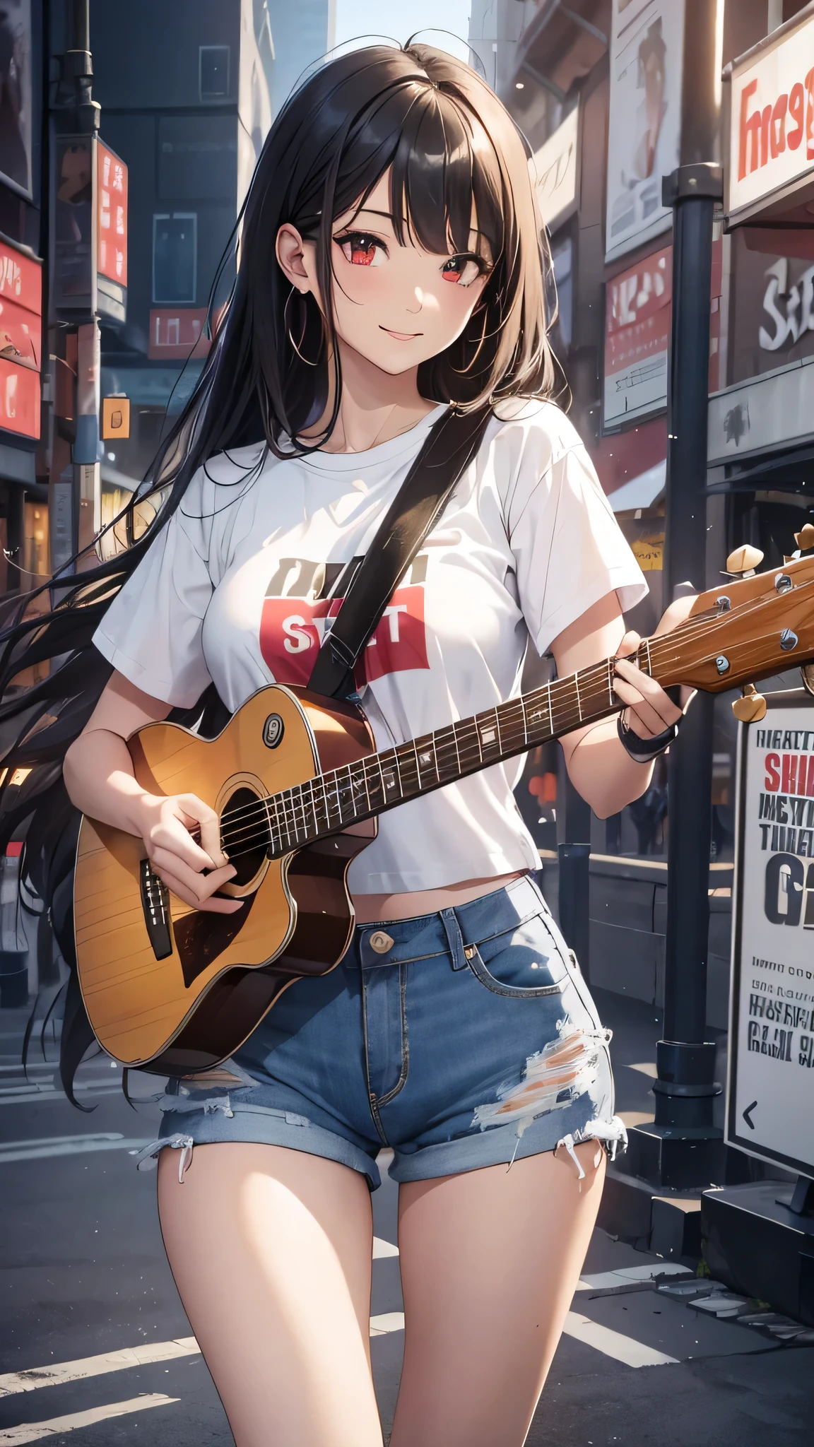 最high quality、Best image quality、masterpiece、girl((18-year-old、 By becoming、Best Bust、Medium Bust,Wide open breast tea、Red glowing eyes,Black Hair、Red Mesh、Disheveled Hair、Lointail、thin,The highest valley、Open chest、Luminous Wristbands、hair ornaments、Show the whole body,Black short sleeve T-shirt、Short denim trousers、Leaning forward、smile、Holding a guitar、Performance、sing)),high quality、Beautiful art、background((Large shopping malls,Street Museum))、Flight、Flying debris、Written boundary depth、movie、Visual Arts、Perfect art、8K,Genuine,