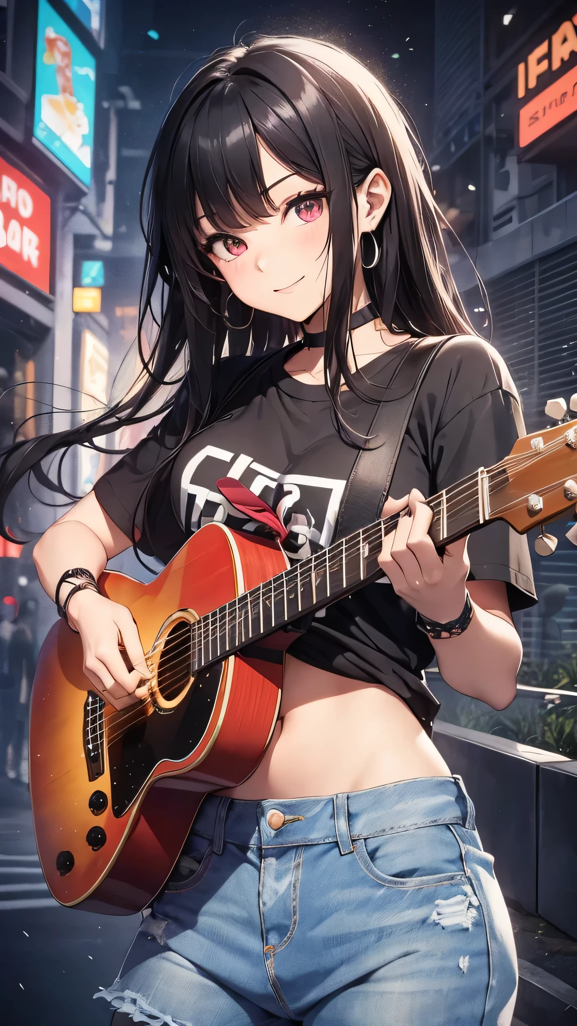 最high quality、Best image quality、masterpiece、girl((18-year-old、 By becoming、Best Bust、Medium Bust,Wide open breast tea、Red glowing eyes,Black Hair、Red Mesh、Disheveled Hair、Lointail、thin,The highest valley、Open chest、Luminous Wristbands、hair ornaments、Show the whole body,Black short sleeve T-shirt、Short denim trousers、Leaning forward、smile、Holding a guitar、Performance、sing)),high quality、Beautiful art、background((Large shopping malls,Street Museum))、Flight、Flying debris、Written boundary depth、movie、Visual Arts、Perfect art、8K,Genuine,