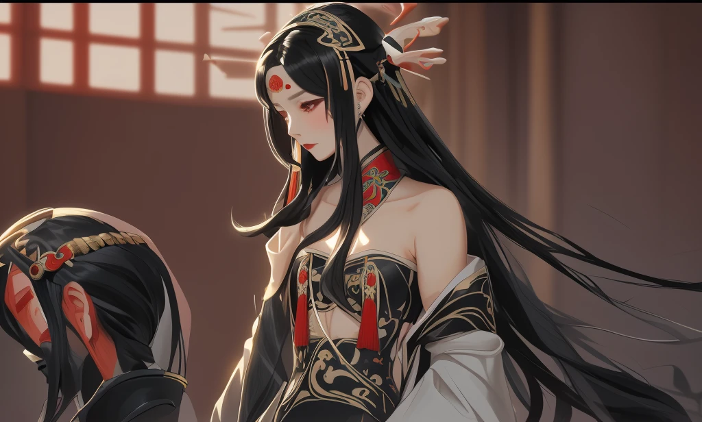 Long straight black hair, flat chest, hairpin, headdress, imperial concubine's clothing, embroidered shoes lying on the ground, Chinese palace