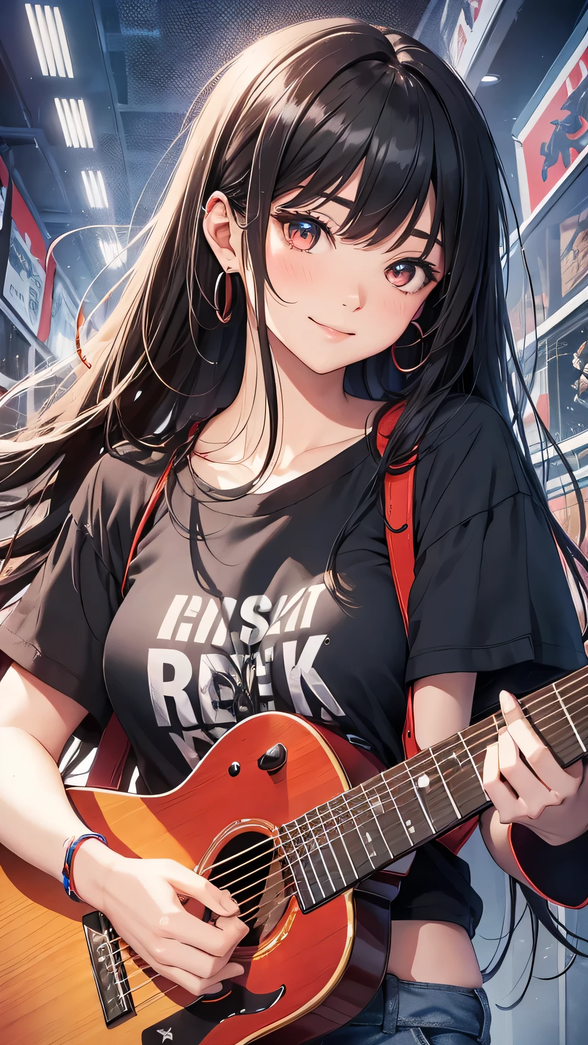 最high quality、Best image quality、masterpiece、girl((18-year-old、 By becoming、Best Bust、Medium Bust,Wide open breast tea、Red glowing eyes,Black Hair、Red Mesh、Disheveled Hair、Lointail、thin,The highest valley、Open chest、Luminous Wristbands、hair ornaments、Show the whole body,Black short sleeve T-shirt、Short denim trousers、Leaning forward、smile、Holding a guitar、Performance、sing)),high quality、Beautiful art、background((Large shopping malls,Street Museum))、Flight、Flying debris、Written boundary depth、movie、Visual Arts、Perfect art、8K,Genuine,