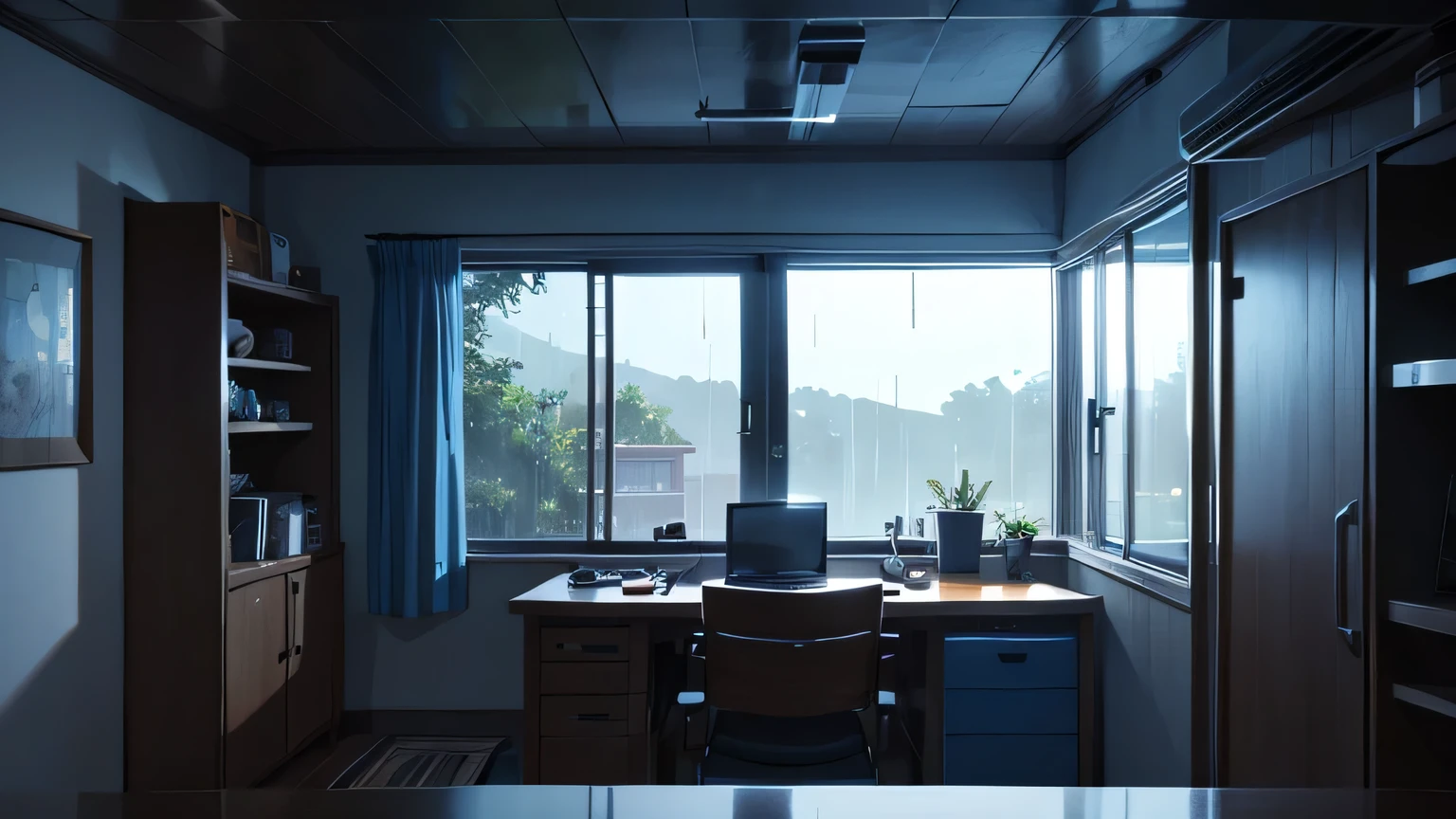 a dark wide angle working space from corner with apple on table, window with rain, High quality, AT NIGHT, warm and blue tone