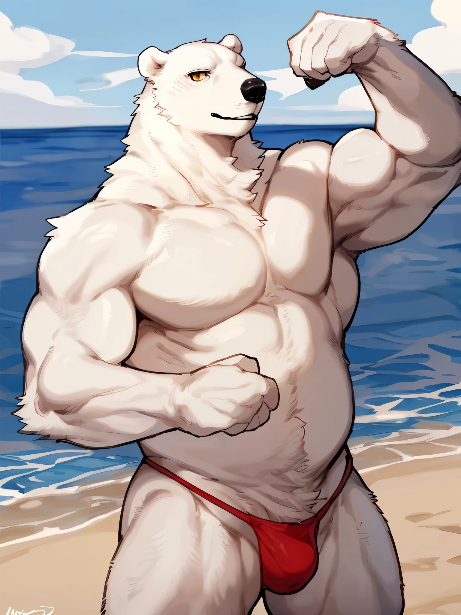 ((by Bebebebebe, by SpiritD, best quality, masterpiece, perfect anatomy, detailed picture)), 1male, Polar Bear, white furs body, dark yellow eyes, Adult body, fat muscular body, tail, red thong, Flexing the right arm, in the beach background 