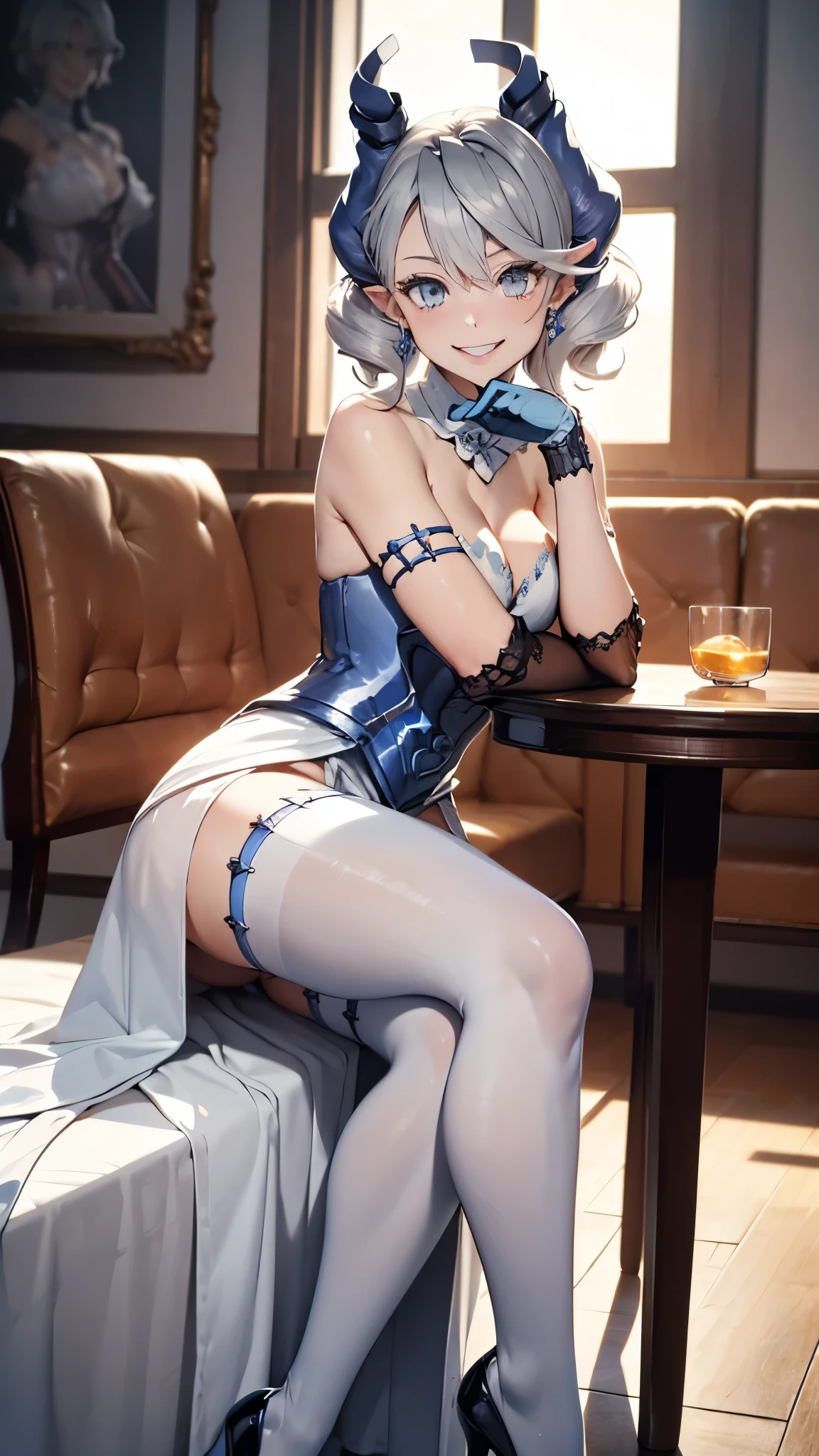 table top High level image quality best image quality 8K adult woman whole body portrait pure white long gloves(elbow gloves) Pure white hose white long dress(slit) white wolf ears short hair((shortcut)(gray hair)(perm)(fluffy)) eye color is blue attractive face((smile)(open your mouth)) sexy e , crossed legs style in detailed , sitting, labrynth , view from side