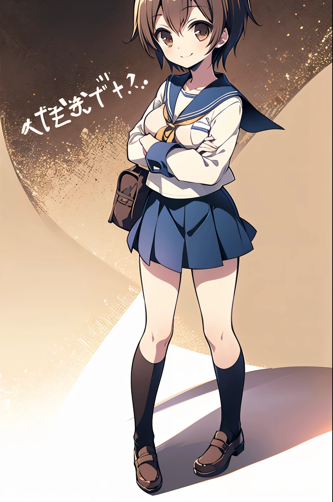 (NaomiCP), rating:safe, transparent_background, full_body, solo, 1girl, skirt, school_uniform, blue_skirt, pleated_skirt, looking_at_viewer, black_legwear, brown_hair, serafuku, kneehighs, standing, short_hair, brown_eyes, smile, shoes, shiny, miniskirt, collarbone, white_shirt, long_sleeves, shirt, eyebrows_visible_through_hair, socks