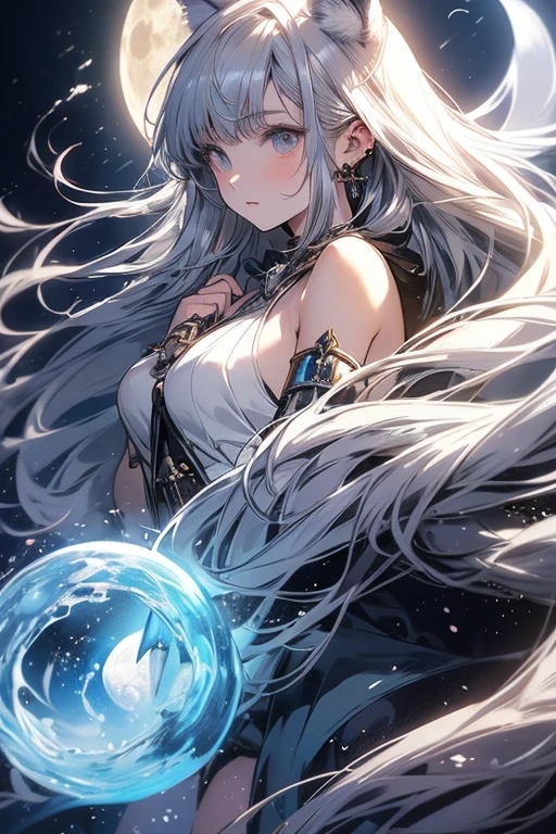 Best image quality, Excellent details, Ultra-high resolution, (realism: 1.4), Best illustrations,Delicate and beautiful features,A very condensed woman,Dog ears,tail,Silver long hair,Anime Style,Fantasy,The background is a full moon and wilderness,Vision,wide aperture,Unreal 5,Scattered beneath the surface