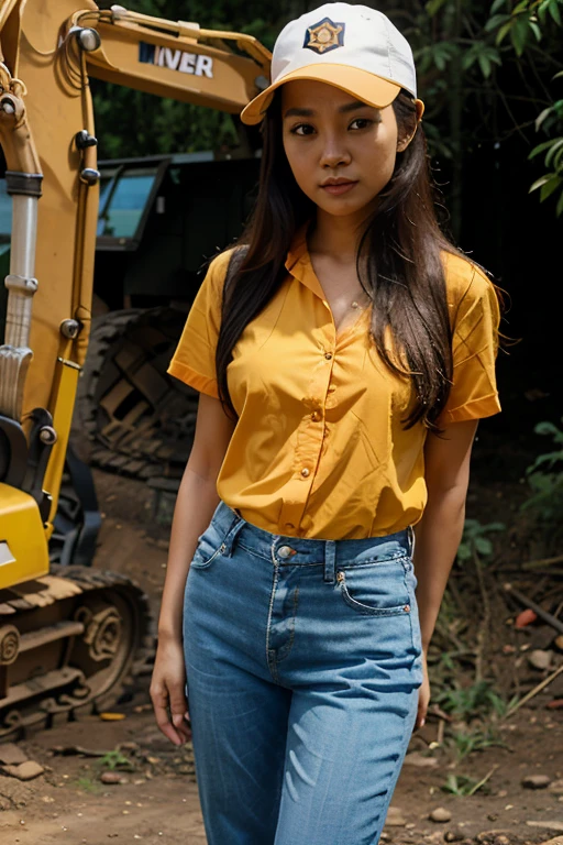 High quality,Thai girl,Native skin,Age 30 year,long hair,Short-sleeved, orange-yellow button-up shirt.,Tiger comes out of pants,blue jeans,Standing in front of the excavator,