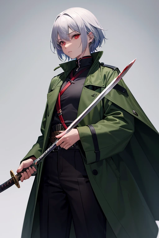 He was wearing a dark green coat and trousers.、A -yeld giwith red eyes and white hair, holding a Japanese sword、There is blood in my hair、They even kill people.。Bloody