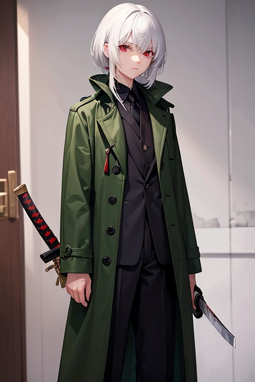 He was wearing a dark green coat and trousers.、A -yeld giwith red eyes and white hair, holding a Japanese sword、There is blood in my hair、They even kill people.。Bloody
