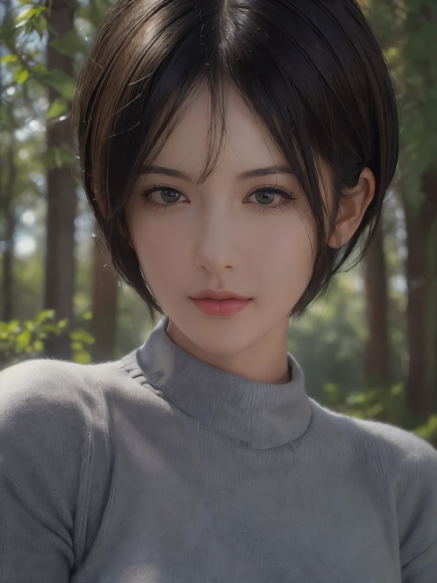 (masterpiece:1.3), (8k, Realistic, RAW Photos, highest quality: 1.4), (One girl), Beautiful Face, (Realistic Face), (Black Hair, short hair:1.3), Beautiful hairstyle, Realistic eyes, Beautiful fine details, (Realistic Skin), Beautiful Skin, (sweater), Absurd, Charm, Ultra-high resolution, Ultra-realistic, Very detailed, Golden Ratio