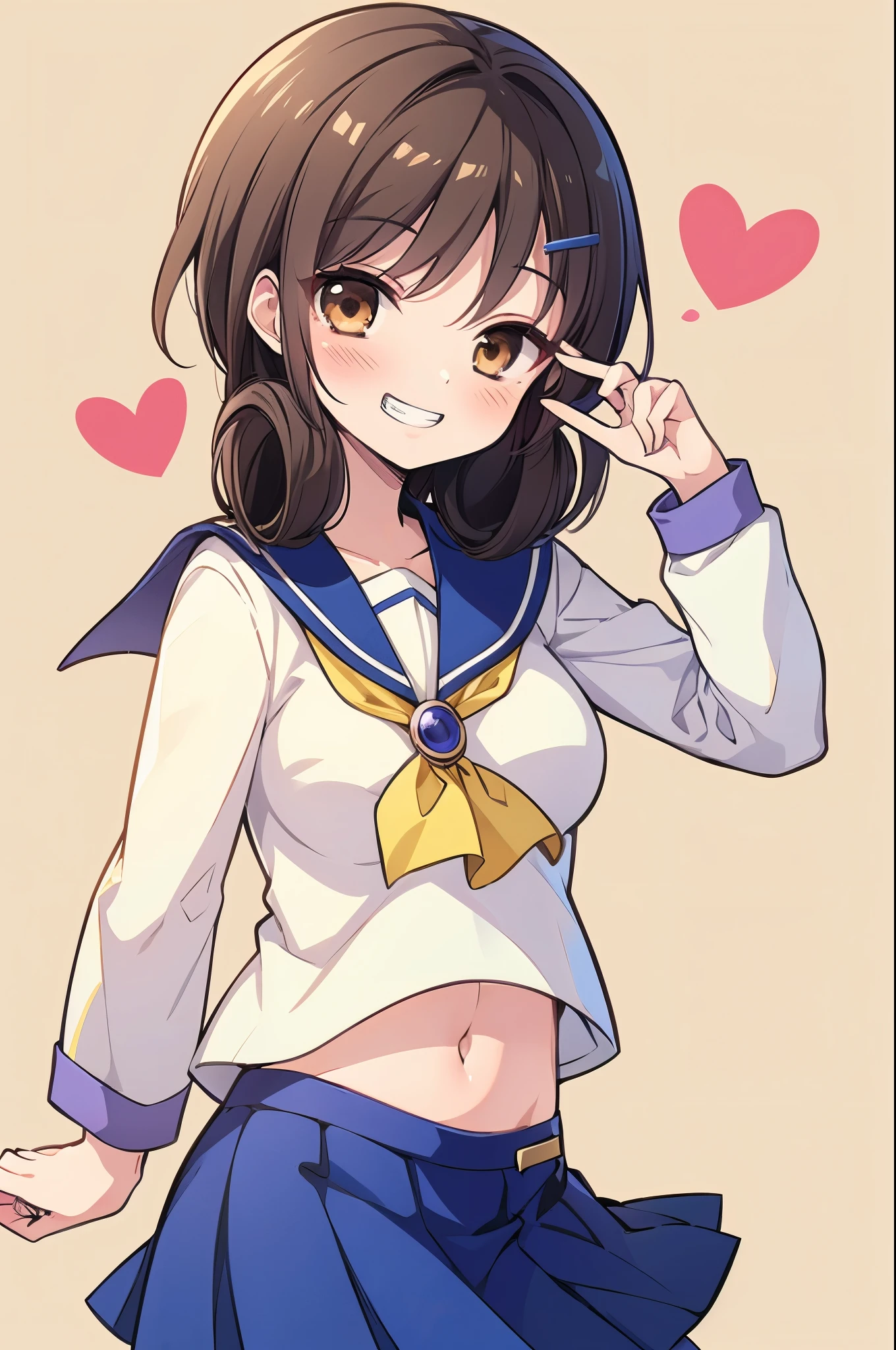 (SeikoCP), rating:safe, 1girl, smile, solo, one_eye_closed, grin, v, school_uniform, skirt, navel, serafuku, brown_eyes, brown_hair, gradient_background, blush, gradient, looking_at_viewer, hair_ornament, heart, hairclip, short_hair, neckerchief, blue_skirt, long_sleeves, black_hair, cowboy_shot, yellow_neckwear, sailor_collar, striped, midriff_peek, white_shirt