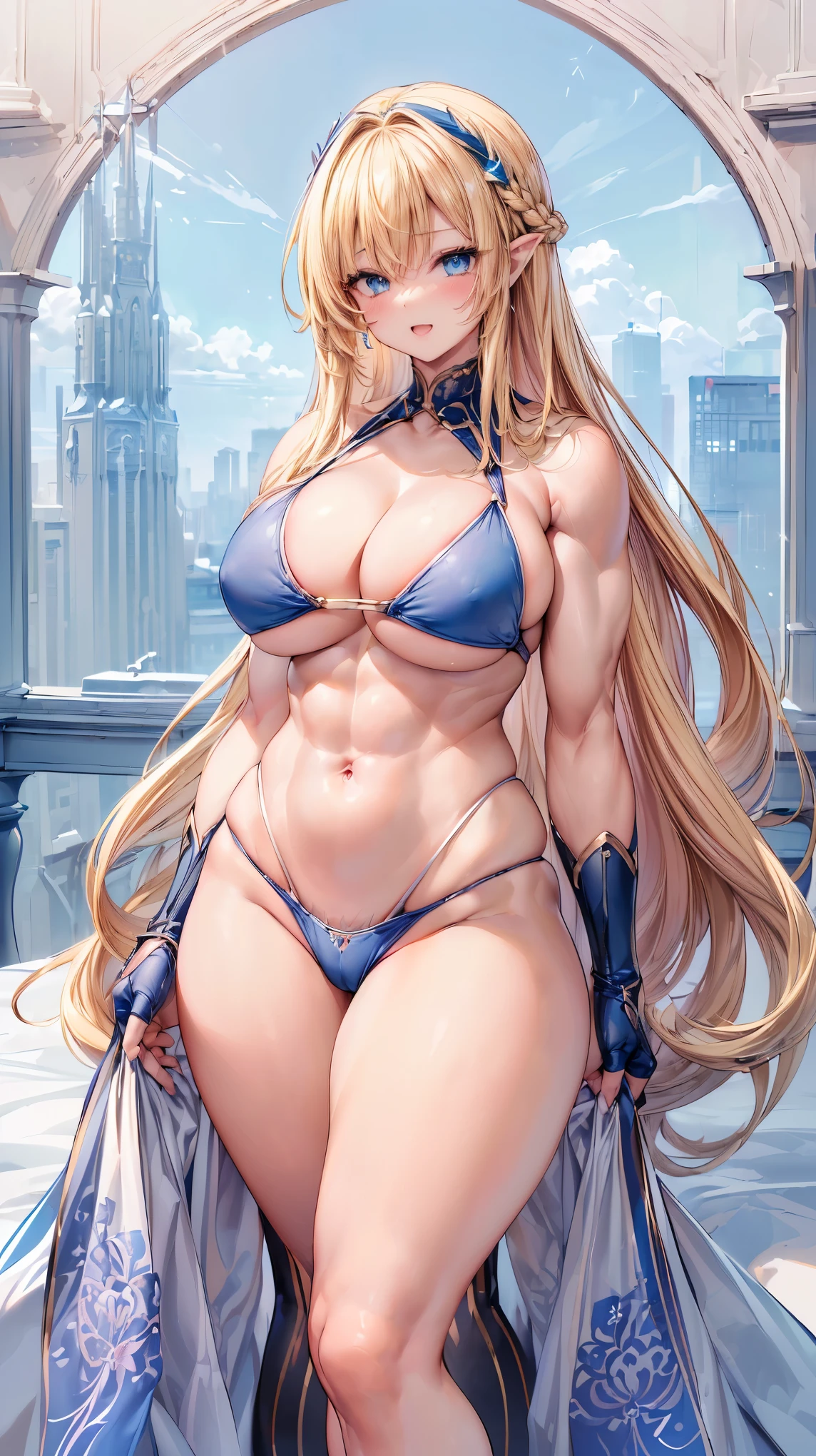 Very detailed、highest quality、Best image quality、masterpiece、8k、Anime Face、A kind smile、(Open your mouth:1.3)、Sparkling blue eyes、(Blonde semi-long hair:1.5)、(Muscles of the whole body:1.3)、(High leg:2.0)、Thigh belt、(High cut bikini:1.5)、(Upper body photo:1.5)、(SFW Giant)、(Thick body:1.2)