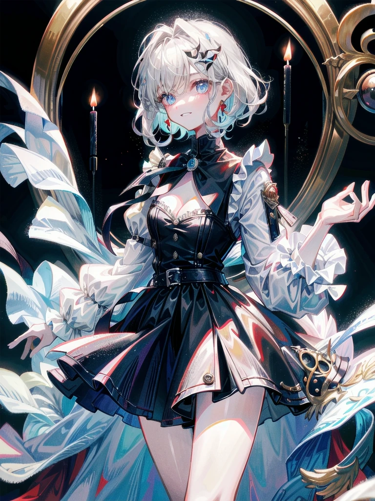 (Absurd Resolution:1.2), (ultra detailed:1.2), (masterpiece:1.2), (Photorealistic), (top-quality), BREAK (cute 1girl), (teenager), (finely detailed beautiful face:1.2), (ultra-fine-Purple-cute-eyes:1.2), (Expression ultra detailed Glitter Pupil), (ultra detailed Expression eyelashes), BREAK (ultra-detailed-bob-cut-white-hair, parted bangs), (beautiful Glossy lips), (Barrette Ribbon), BREAK (slim body and gigantic breasts:1.3), narrow waist, leggy, curvy is body without muscles, BREAK (glossy realistic pale skin texture:1.2), (4 defined fingers), (1 defined thumb), Beautiful Smile, BREAK (ultra detailed black corset dress, skirt, Garter stockings:1.2), Complex Pattern, BREAK Seductive pose, (Crisp focus:1.2), (full body shot, anime-key-visual), professional lighting, BREAK (I have a red apple in my hand), Large magic circle, light particles, ultra detailed Fantasy Forest,