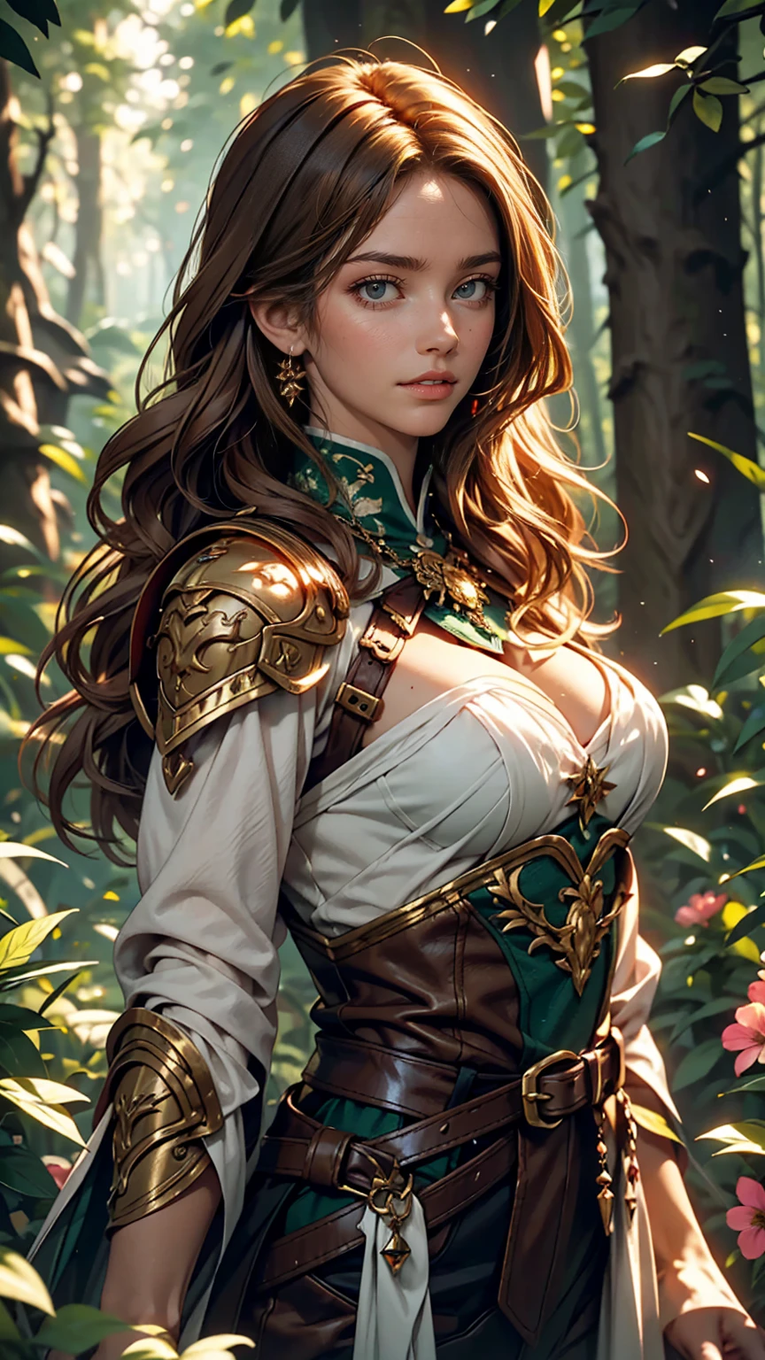 White skin, Detailed beautiful young woman, Reddish golden brown hair, length, Wavy messy hair, Perfect green eye detail, Delicate, symmetrical, realistic and beautiful face, (Magical forest background), Ranger Costume Leather Armor, Fairy, Wildflowers that blend into your hair, whole body, masterpiece, Absurd,The finer details, Rich colors, Dramatic lighting, Very detailed, Cinema Lighting