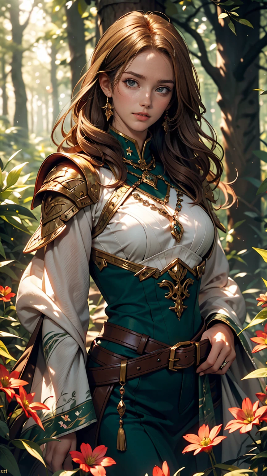 White skin, Detailed beautiful young woman, Reddish golden brown hair, length, Wavy messy hair, Perfect green eye detail, Delicate, symmetrical, realistic and beautiful face, (Magical forest background),  Ranger Costume Leather Armor, Fairy, Wildflowers that blend into your hair, whole body, masterpiece, Absurd,The finer details, Rich colors, Dramatic lighting, Very detailed, Cinema Lighting
