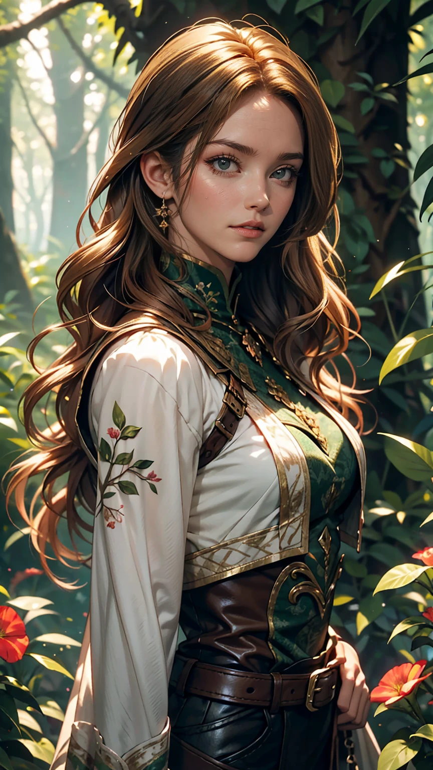 White skin, Detailed beautiful young woman, Reddish golden brown hair, length, Wavy messy hair, Perfect green eye detail, Delicate, symmetrical, realistic and beautiful face, (Magical forest background), Ranger Costume Leather Armor, Fairy, Wildflowers that blend into your hair, whole body, masterpiece, Absurd,The finer details, Rich colors, Dramatic lighting, Very detailed, Cinema Lighting