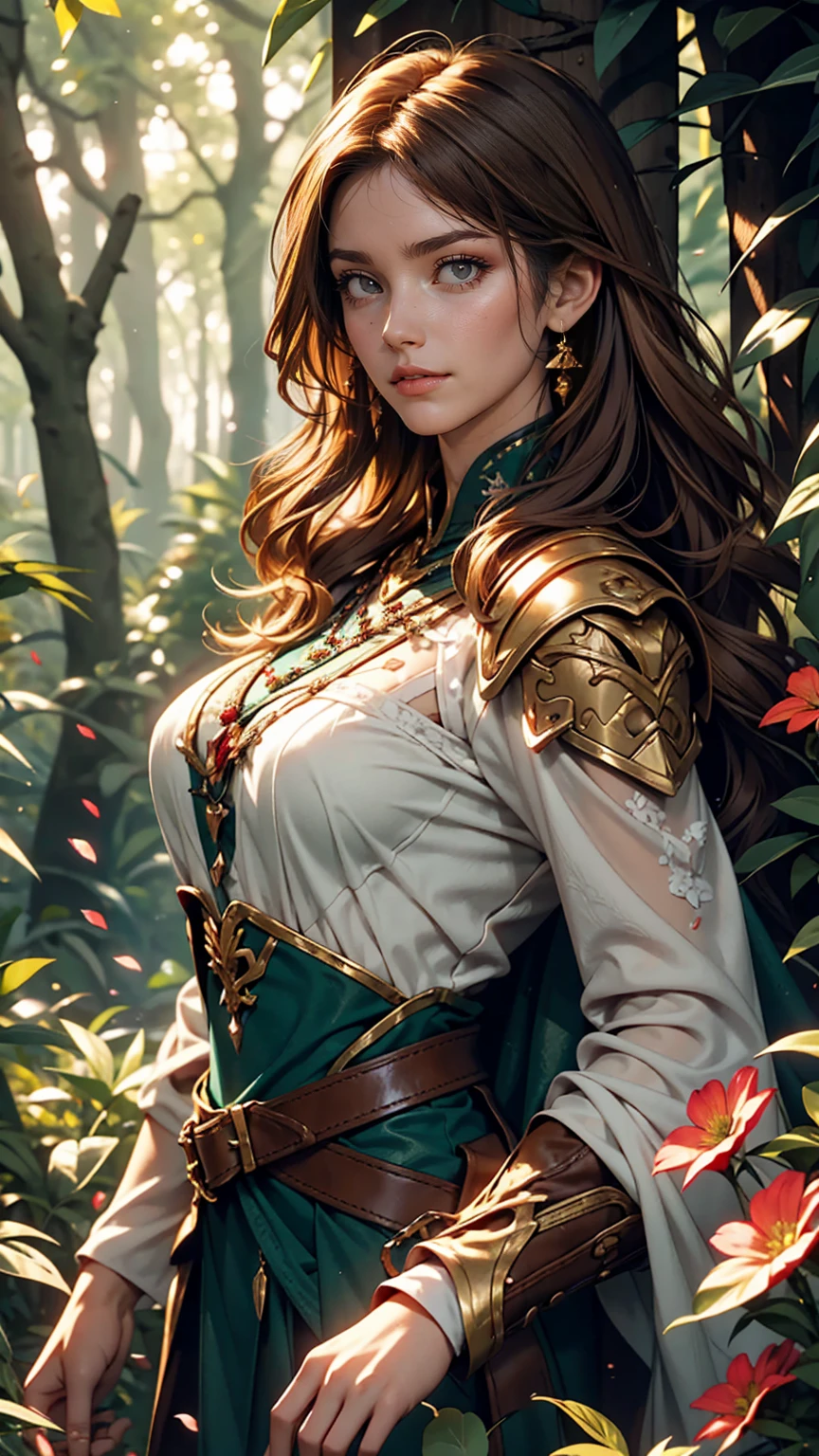 White skin, Detailed beautiful young woman, Reddish golden brown hair, length, Wavy messy hair, Perfect green eye detail, Delicate, symmetrical, realistic and beautiful face, (Magical forest background),  Ranger Costume Leather Armor, Fairy, Wildflowers that blend into your hair, whole body, masterpiece, Absurd,The finer details, Rich colors, Dramatic lighting, Very detailed, Cinema Lighting